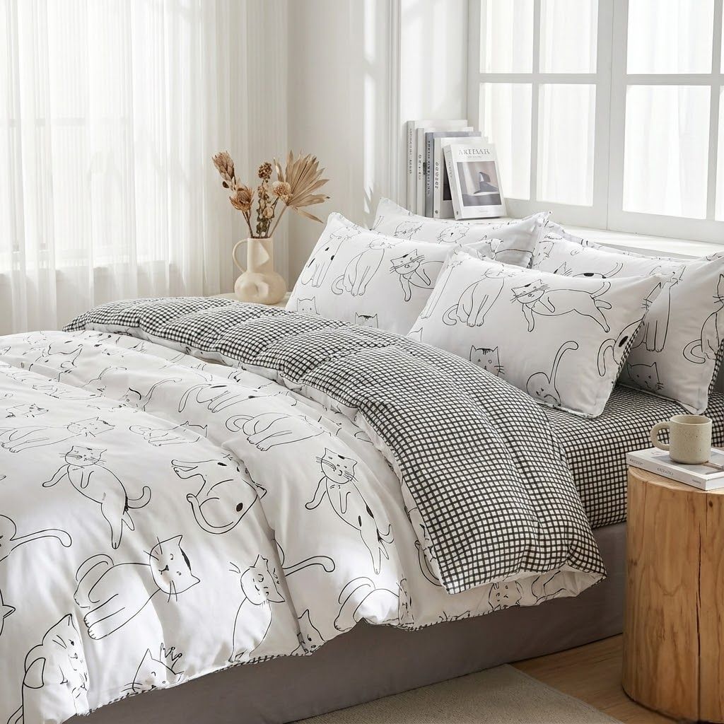 Dailypets Minimal Cat Line Art Bedding Set – Reversible Duvet Cover with Classic Grid