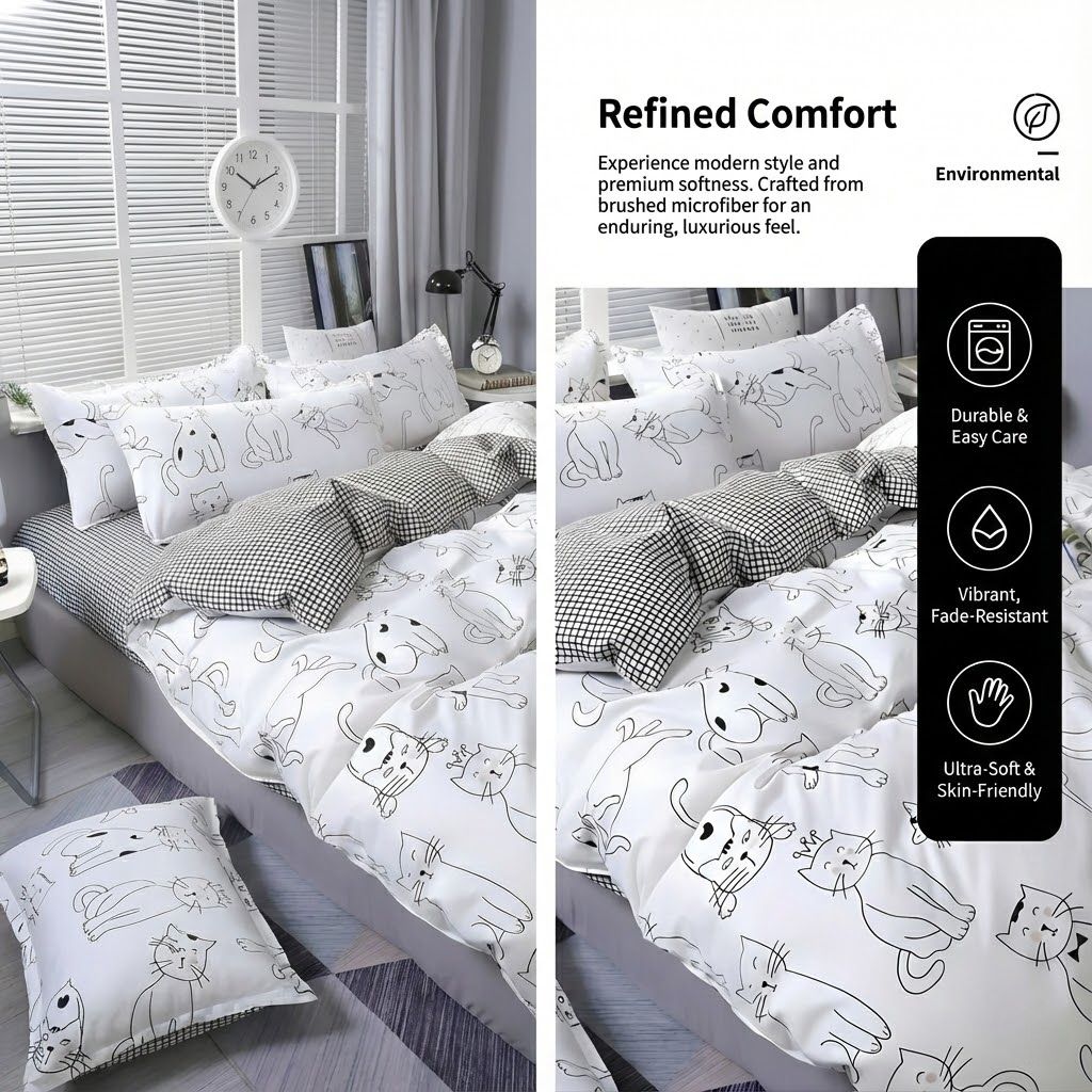 Dailypets Minimal Cat Line Art Bedding Set – Reversible Duvet Cover with Classic Grid