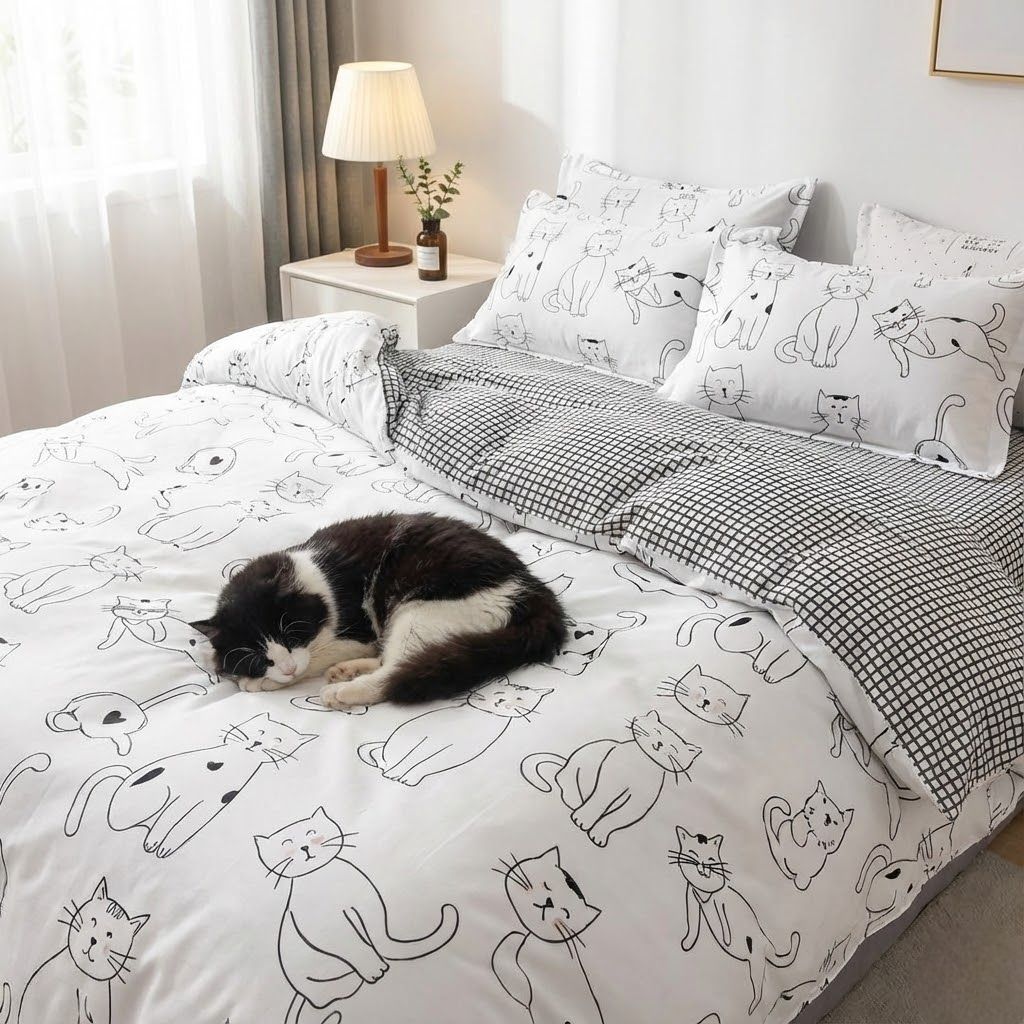 Dailypets Minimal Cat Line Art Bedding Set – Reversible Duvet Cover with Classic Grid