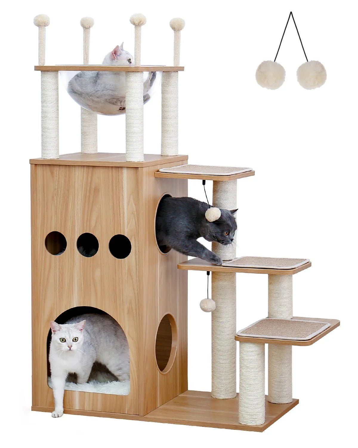 Dailypets Wooden Cat Activity Center – Scandinavian Cat Tower with Condo & Bubble Bed