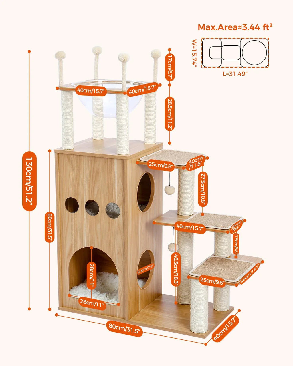 Dailypets Wooden Cat Activity Center – Scandinavian Cat Tower with Condo & Bubble Bed