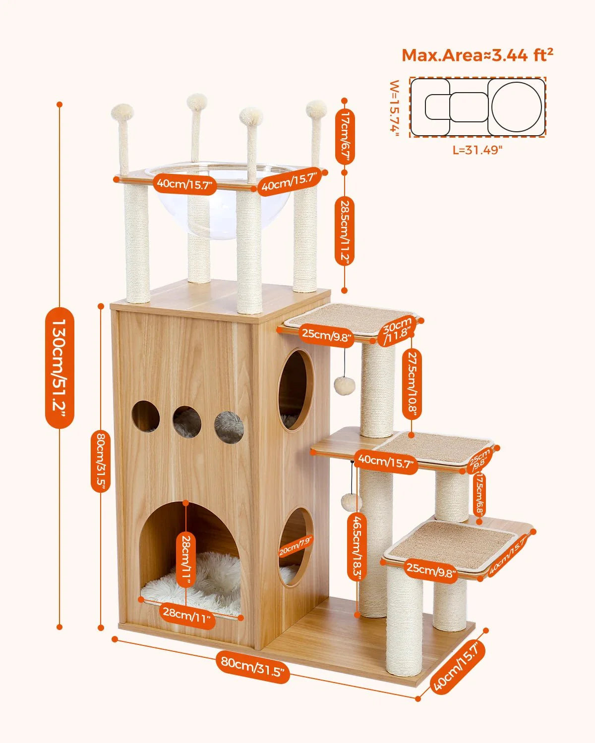 Dailypets Wooden Cat Activity Center – Scandinavian Cat Tower with Condo & Bubble Bed
