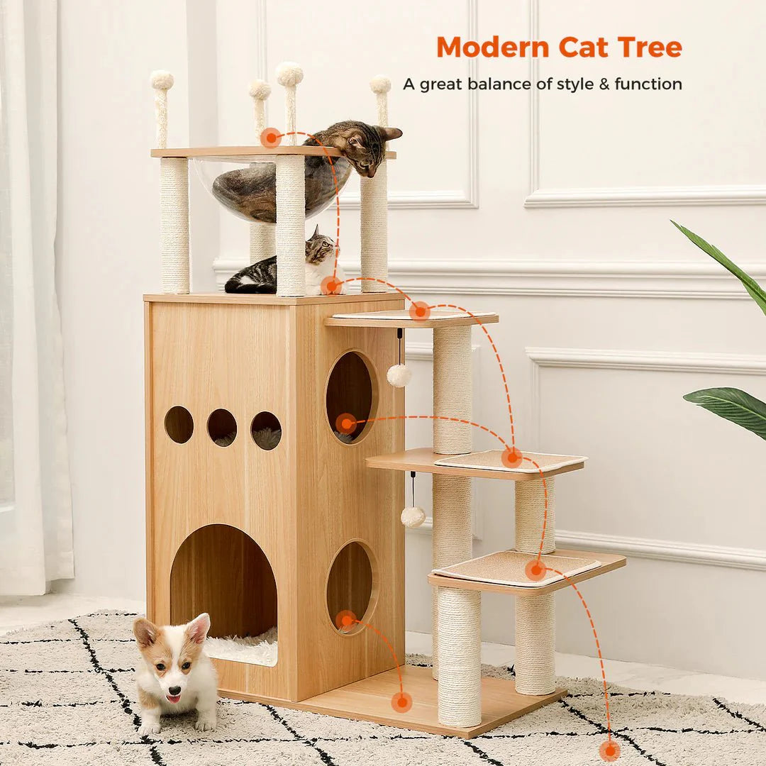 Dailypets Wooden Cat Activity Center – Scandinavian Cat Tower with Condo & Bubble Bed