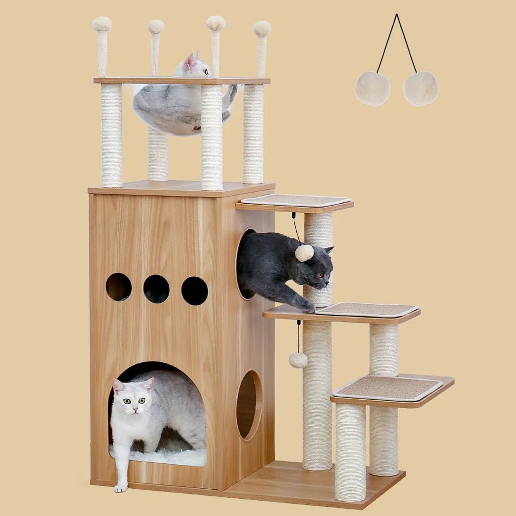 Dailypets Wooden Cat Activity Center – Scandinavian Cat Tower with Condo & Bubble Bed