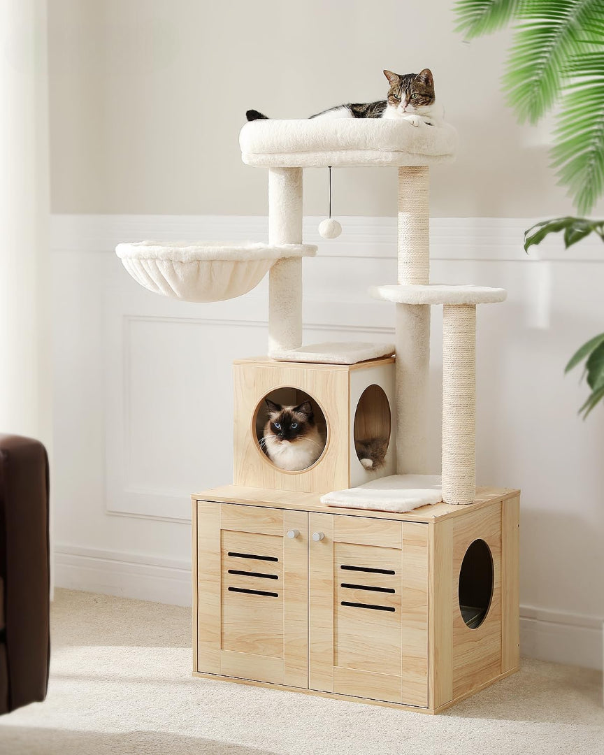 Dailypets Cat Tree with Litter Box Cabinet – Plush Perch, Sisal Posts & Hideaway Condo