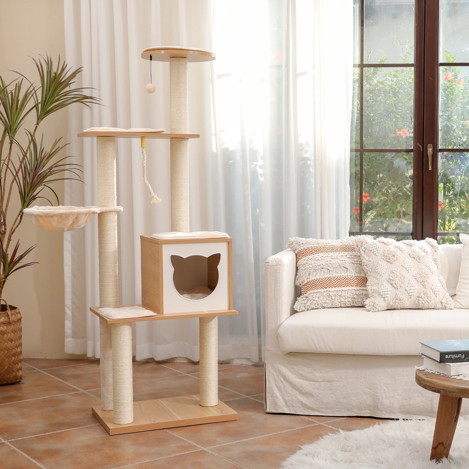 Dailypets Multi-Level Wooden Cat Tree – Solid Wood Tower with Hammock & Enclosed Cat Bed