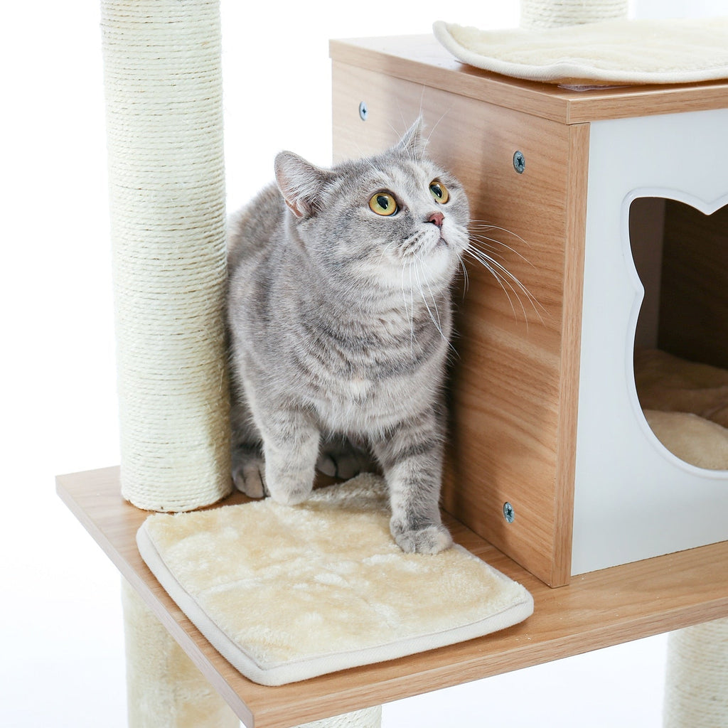 Dailypets Multi-Level Wooden Cat Tree – Solid Wood Tower with Hammock & Enclosed Cat Bed