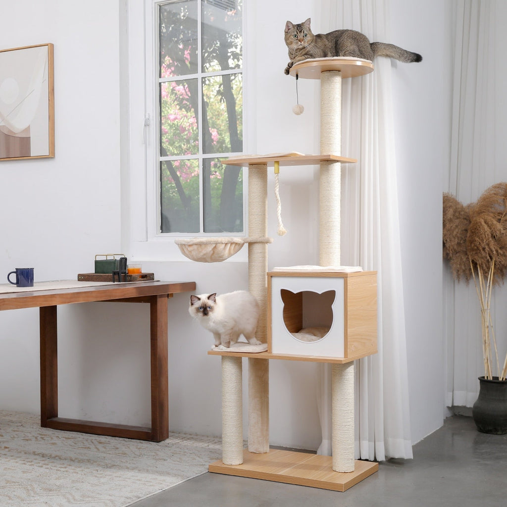 Dailypets Multi-Level Wooden Cat Tree – Solid Wood Tower with Hammock & Enclosed Cat Bed