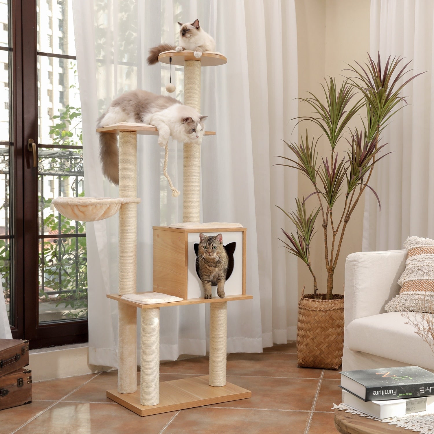 Dailypets Multi-Level Wooden Cat Tree – Solid Wood Tower with Hammock & Enclosed Cat Bed