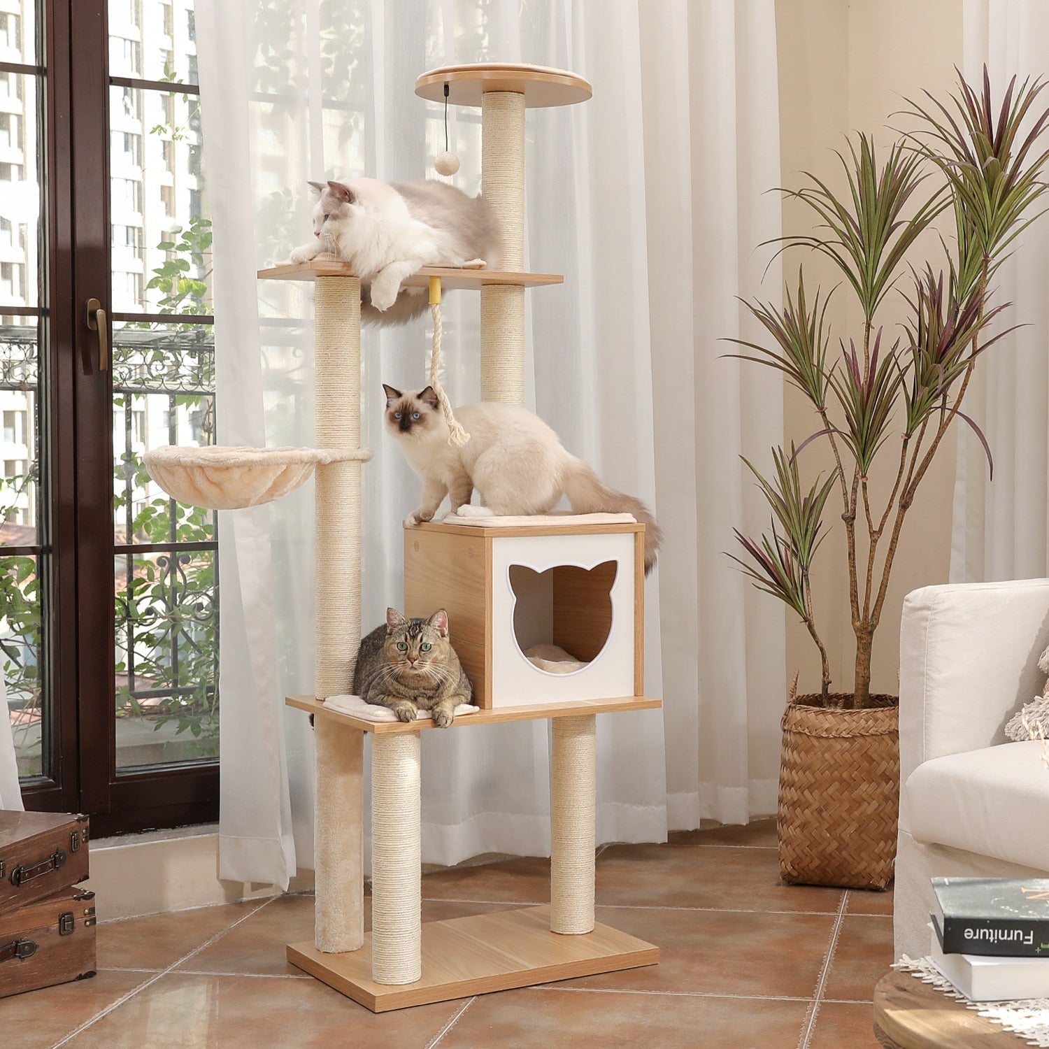 Dailypets Multi-Level Wooden Cat Tree – Solid Wood Tower with Hammock & Enclosed Cat Bed