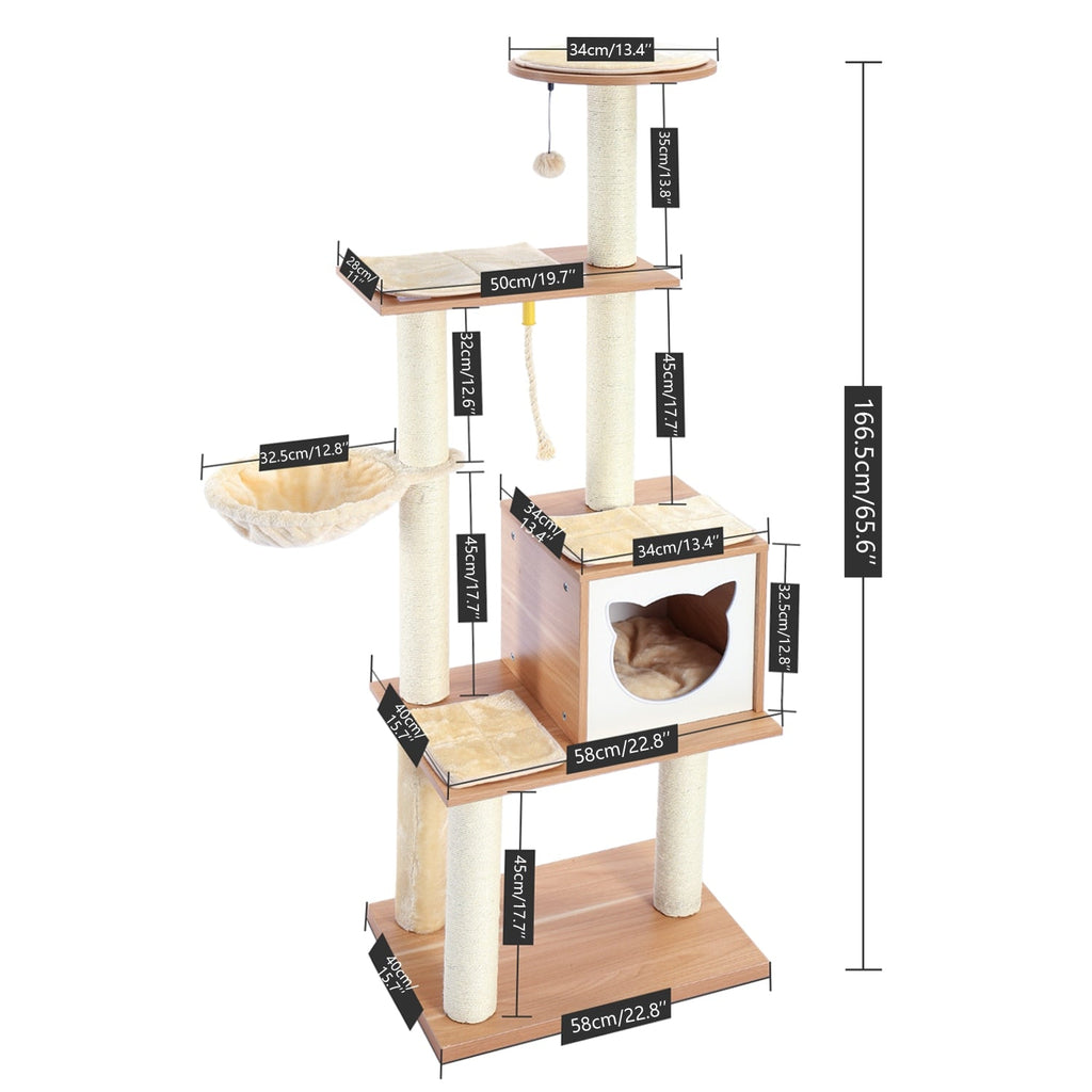 Dailypets Multi-Level Wooden Cat Tree – Solid Wood Tower with Hammock & Enclosed Cat Bed