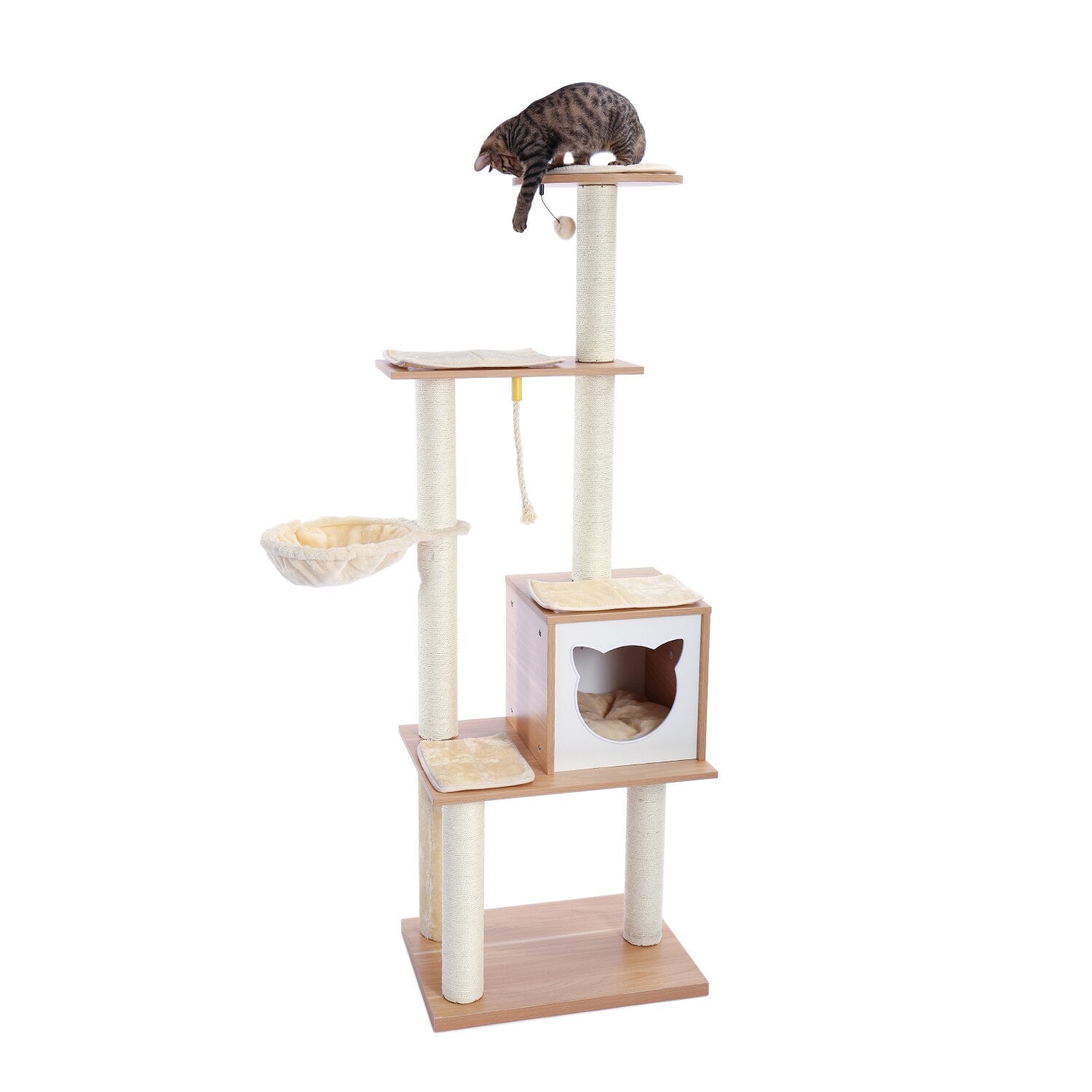 Dailypets Multi-Level Wooden Cat Tree – Solid Wood Tower with Hammock & Enclosed Cat Bed