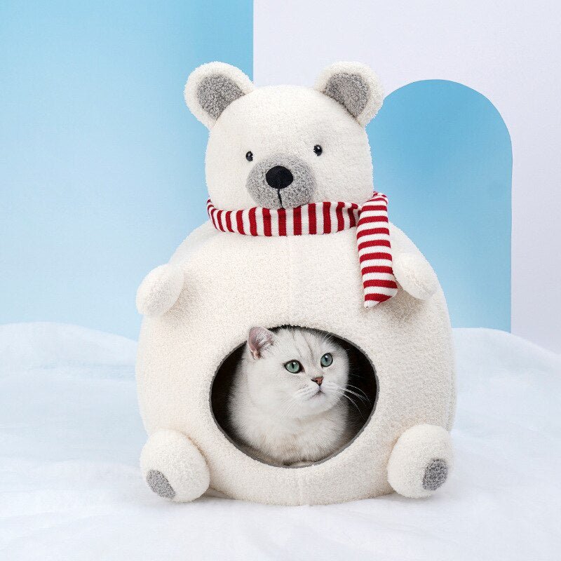 Dailypets Polar Bear Wool Cat Cave – Cozy Felt Hideaway for Indoor Cats