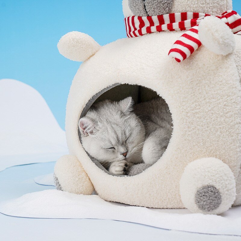 Dailypets Polar Bear Wool Cat Cave – Cozy Felt Hideaway for Indoor Cats