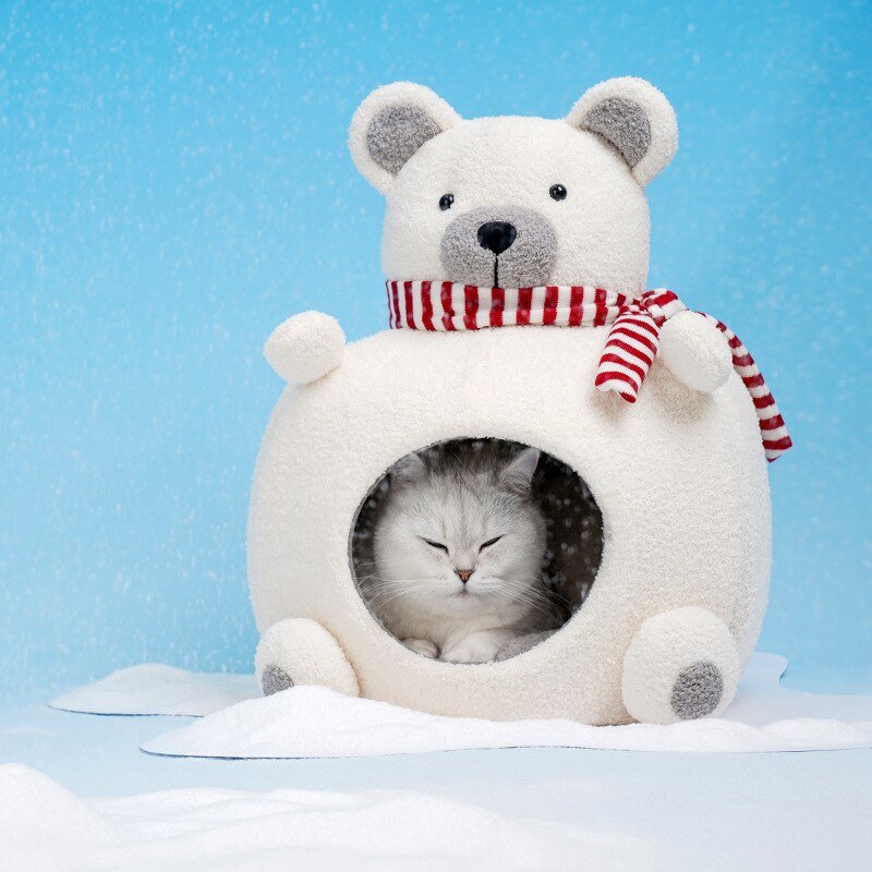Dailypets Polar Bear Wool Cat Cave – Cozy Felt Hideaway for Indoor Cats