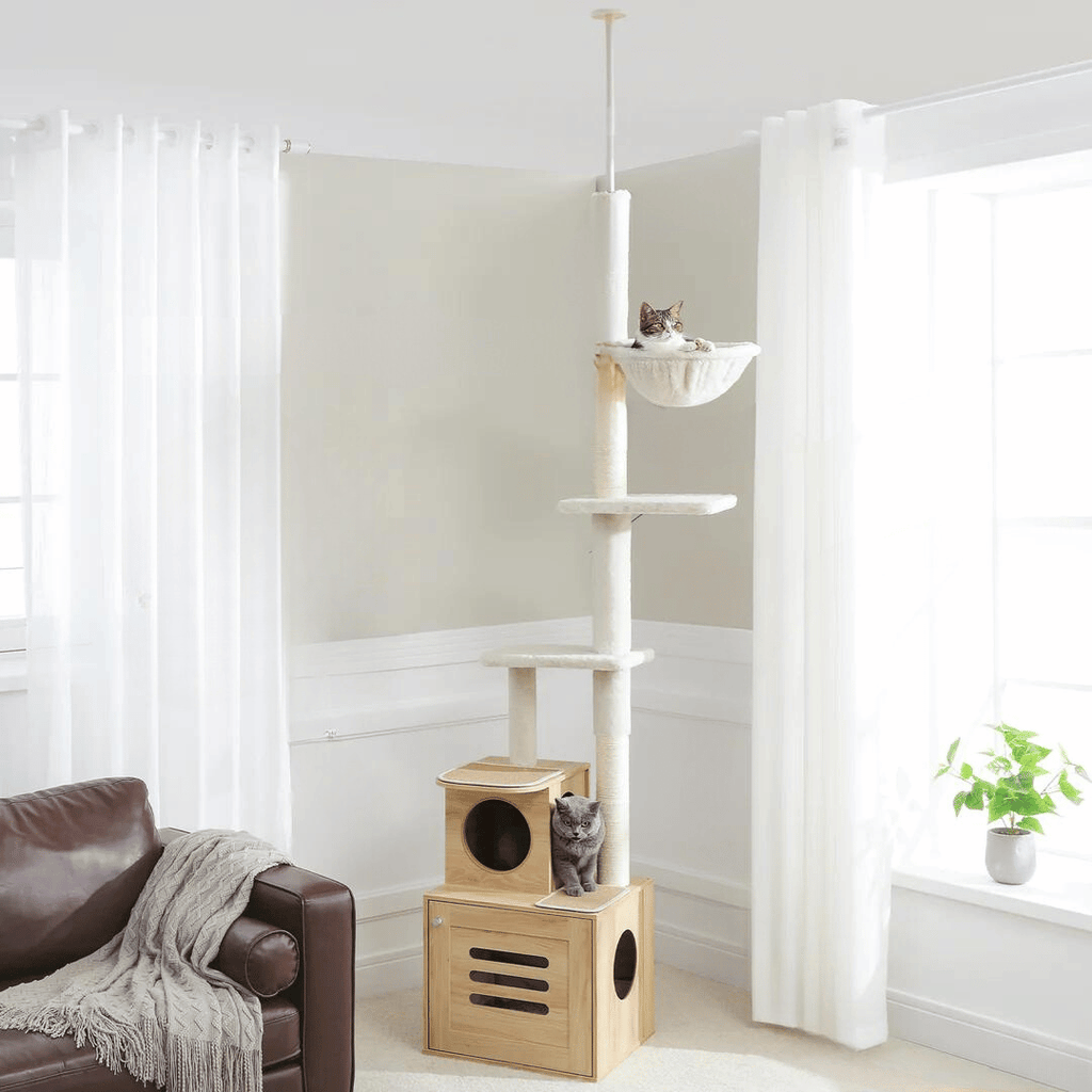 Dailypets Scandinavian Floor-to-Ceiling Cat Tree – Adjustable Tower with Hidden Litter Box Slot