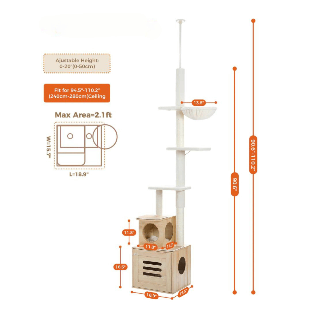 Dailypets Scandinavian Floor-to-Ceiling Cat Tree – Adjustable Tower with Hidden Litter Box Slot