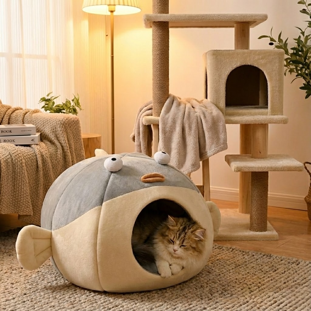 Dailypets Ocean-Inspired Cat Cave – Soft Fish-Shaped Hideout