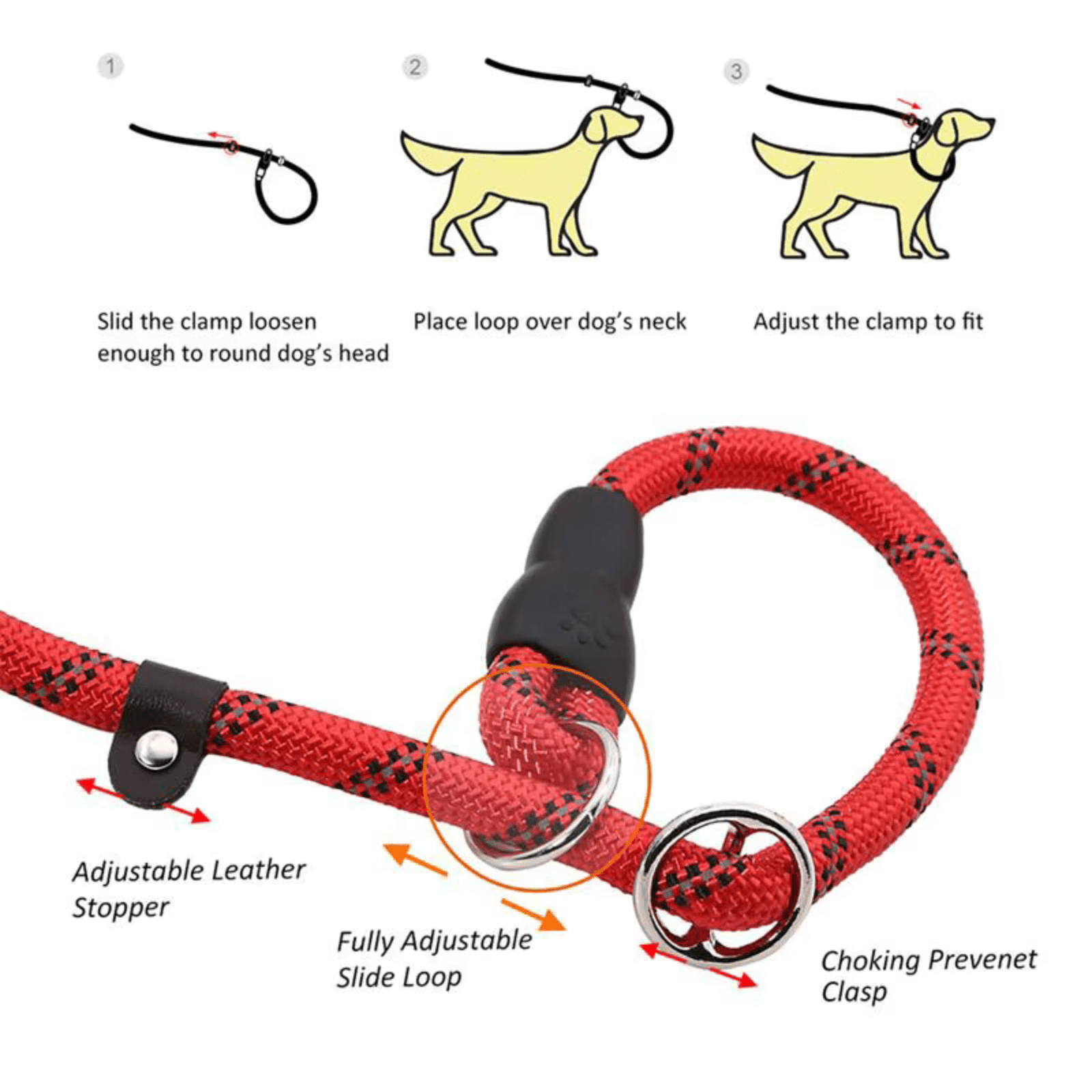 Dailypets Reflective Slip Dog Leash with Padded Handle and Adjustable Collar Loop 180 cm