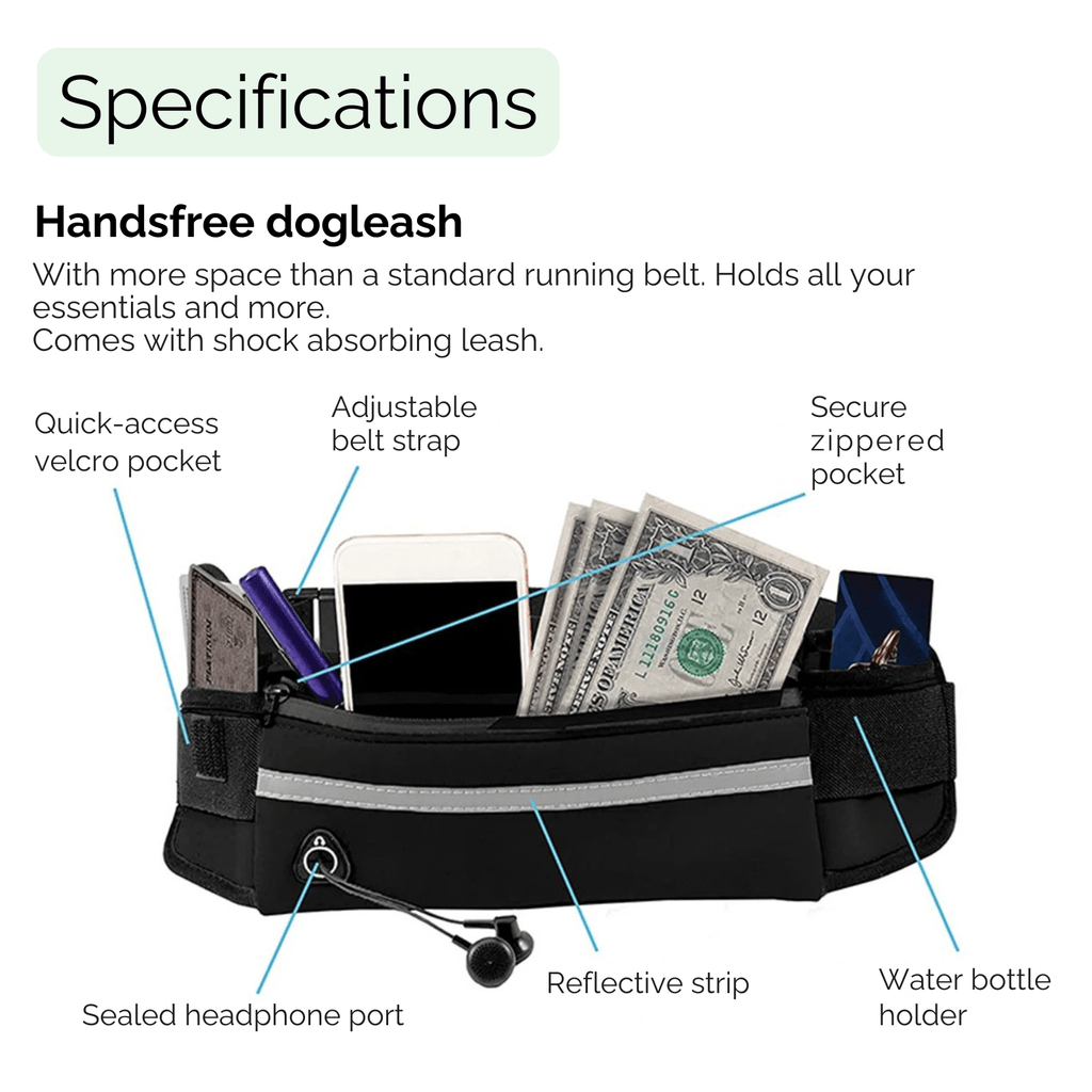 Dailypets Hands-Free Running Dog Leash with Waist Bag & Shock-Absorbing Bungee