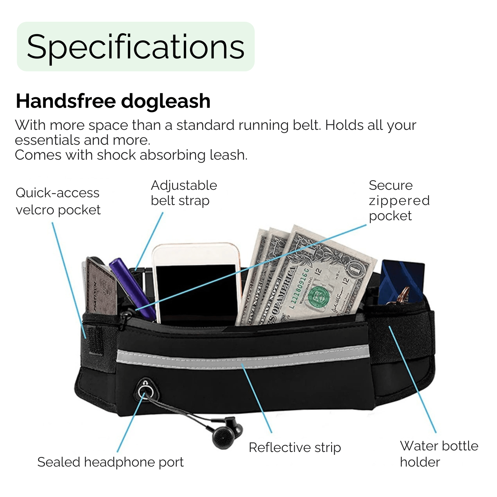 Dailypets Hands-Free Running Dog Leash with Waist Bag & Shock-Absorbing Bungee