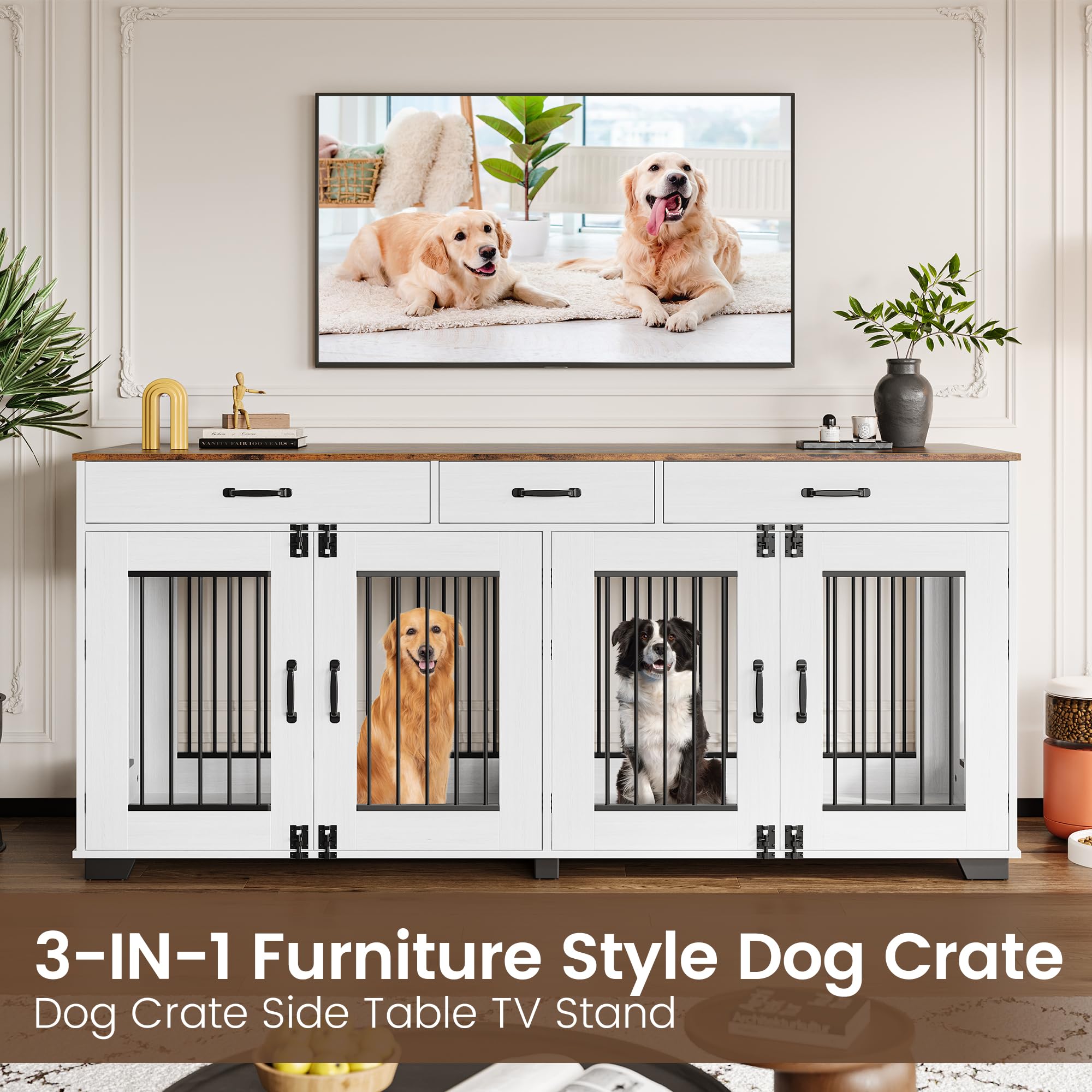Dailypets 71-Inch Dual Dog Retreat Cabinet with Triple Storage Drawers