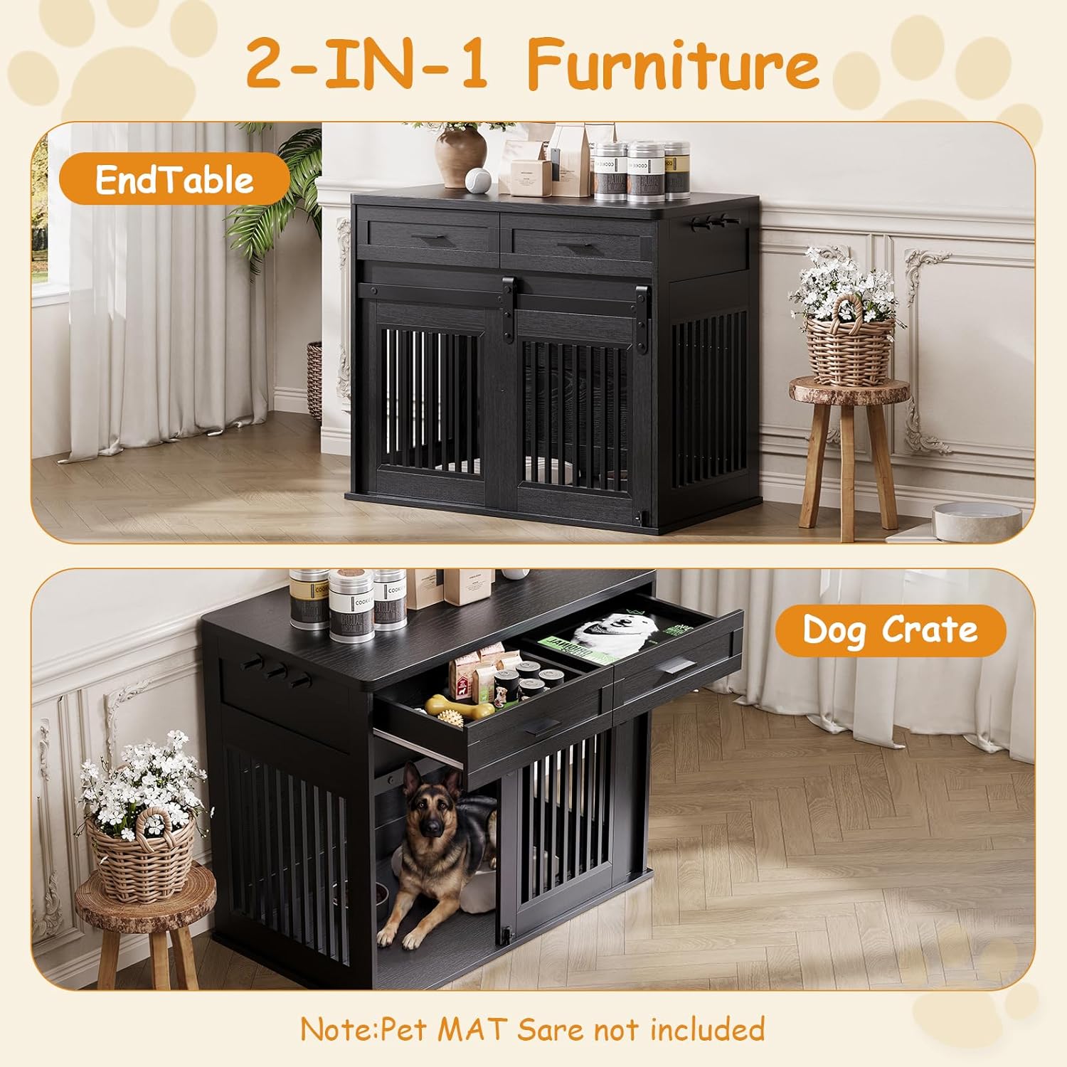 Dailypets Heavy Duty Dog Crate Furniture with Sliding Barn Door and Storage Drawers