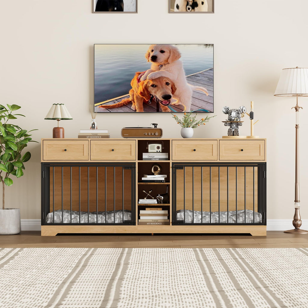 Dailypets 82-Inch Double Dog Crate Furniture TV Stand with 4 Drawers
