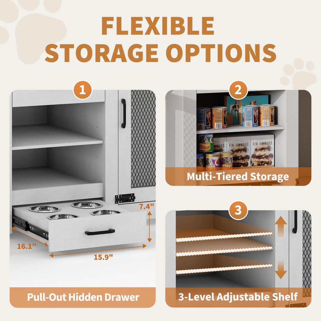Dailypets 90-Inch Double Dog Crate Furniture with Feeding Station and Storage