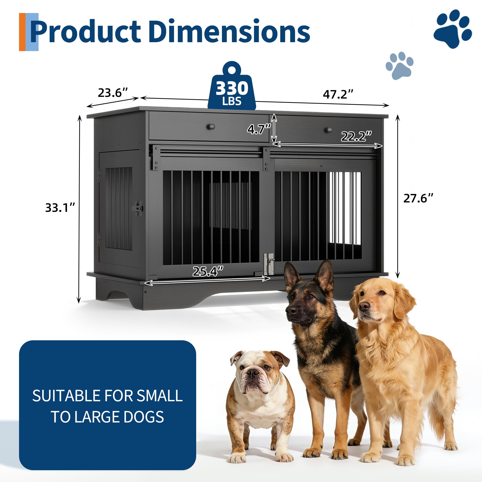 Dailypets 47-Inch Double Dog Crate Furniture with 2 Storage Drawers