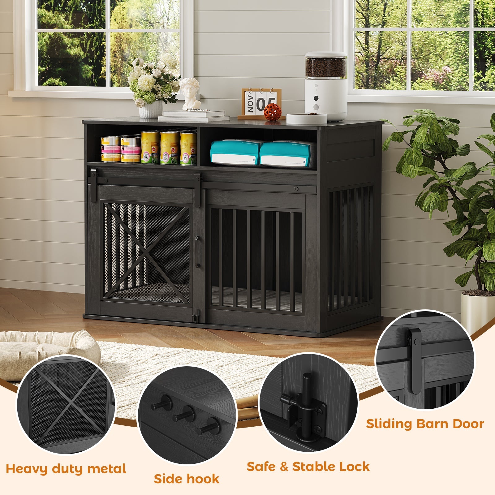 Dailypets 44.5-Inch Wooden Dog Crate Furniture with Storage Shelves