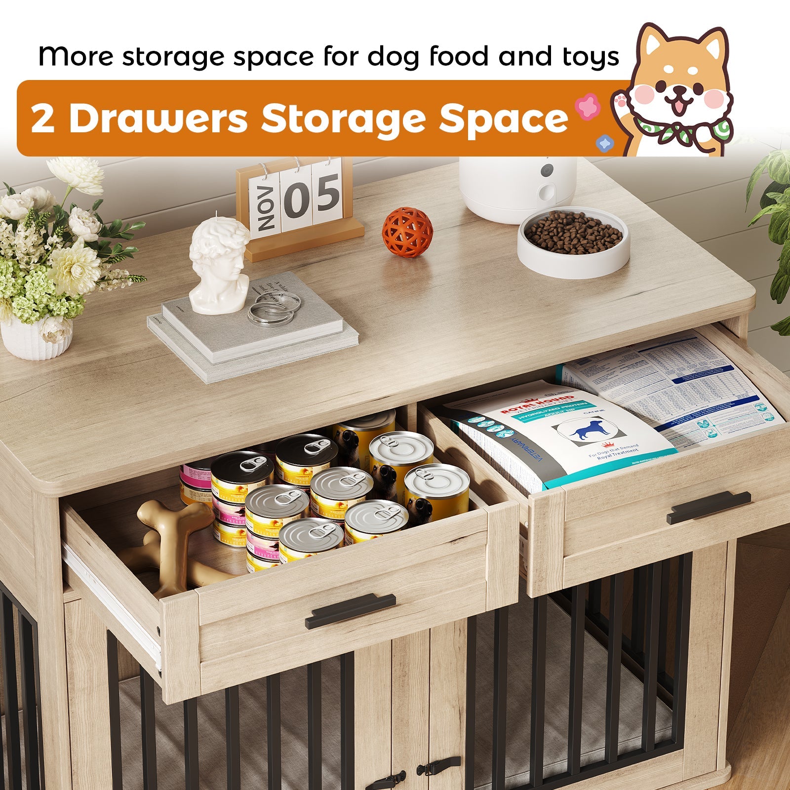 Dailypets 44.5-Inch Dog Crate Furniture with Sliding Barn Door and Storage Drawers