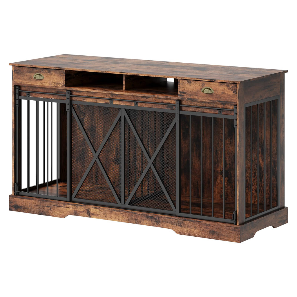 Dailypets Heavy Duty Double Dog Crate Furniture with Drawers & Sliding Barn Doors
