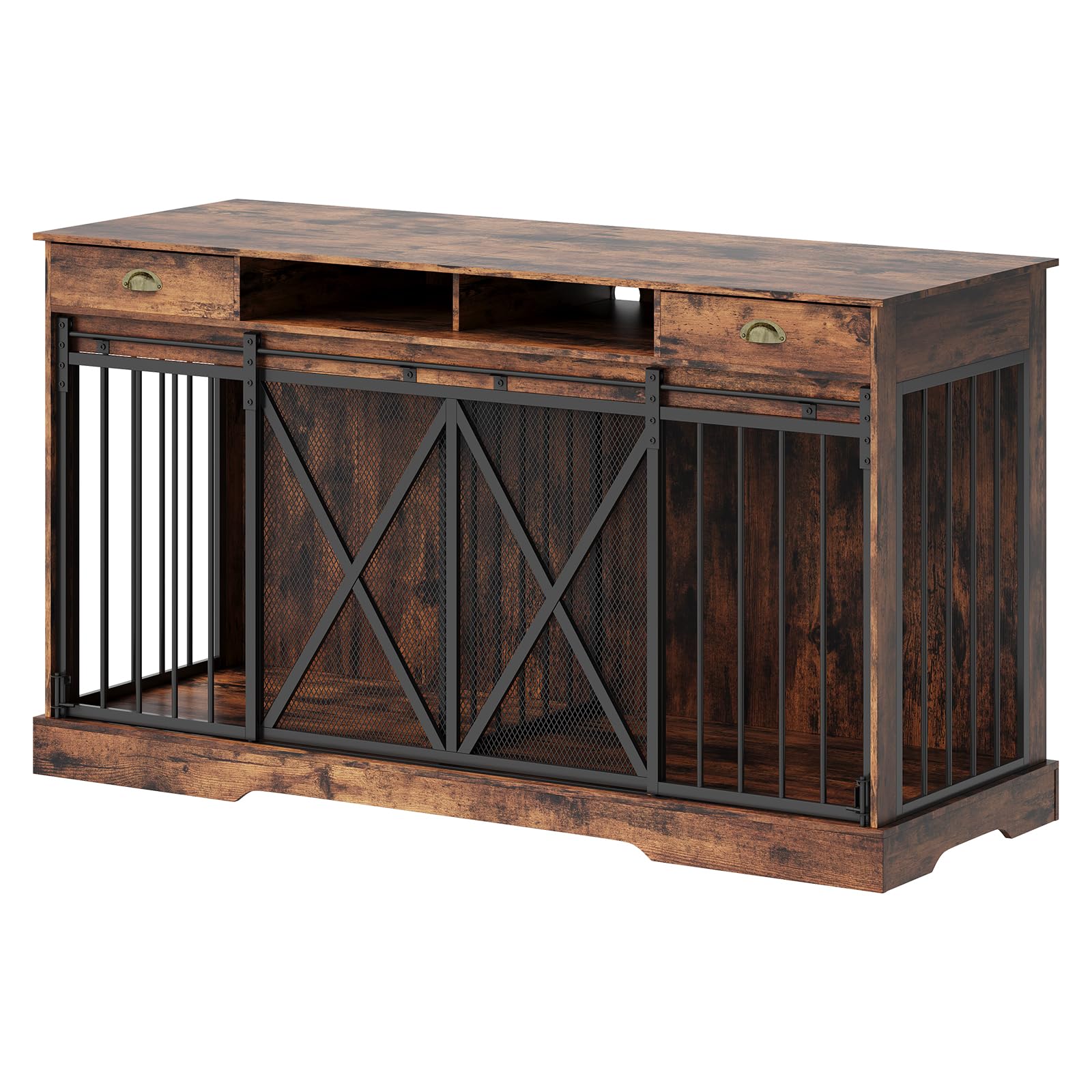 Dailypets Heavy Duty Double Dog Crate Furniture with Drawers & Sliding Barn Doors