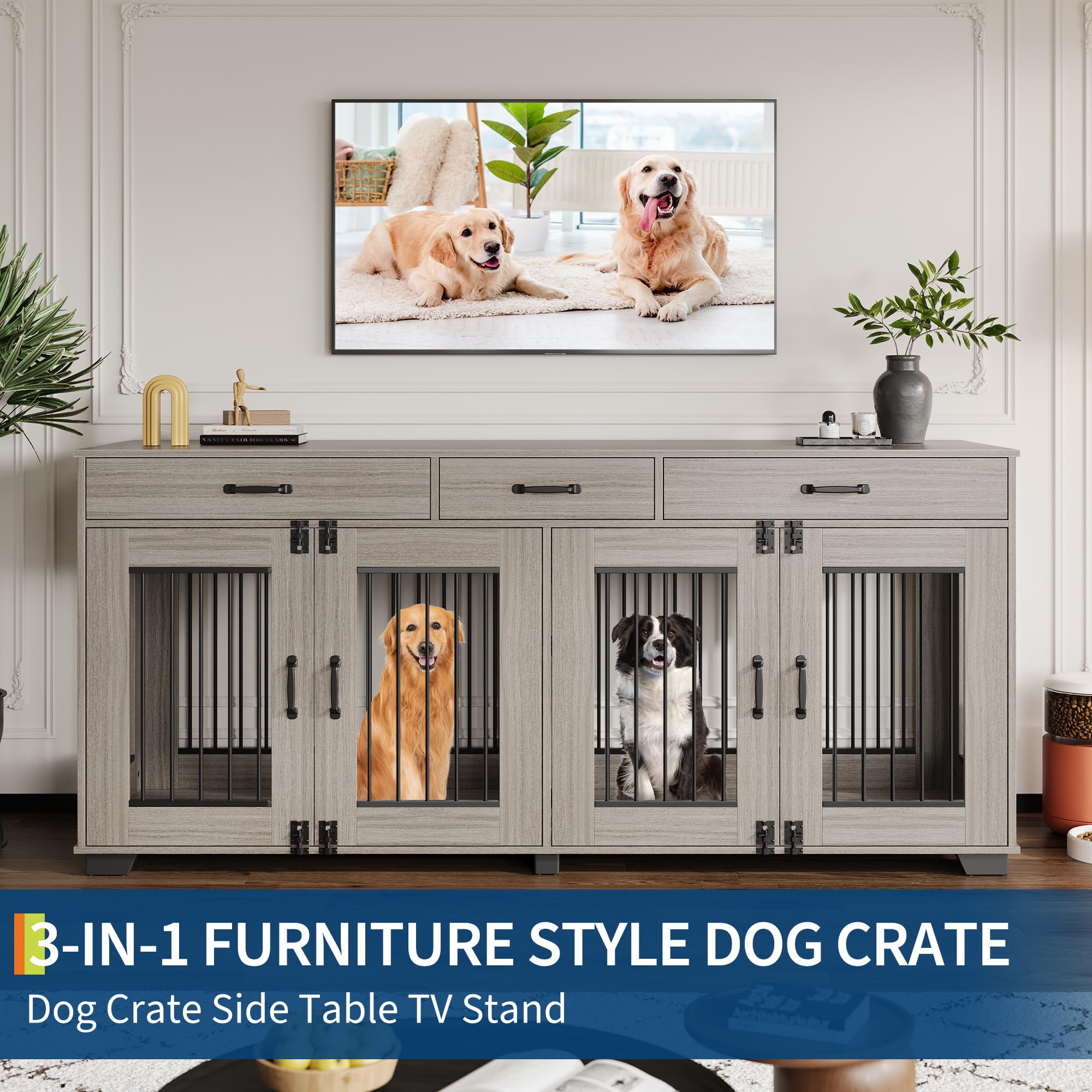 Dailypets 71-Inch Double Dog Crate Furniture with 3 Storage Drawers
