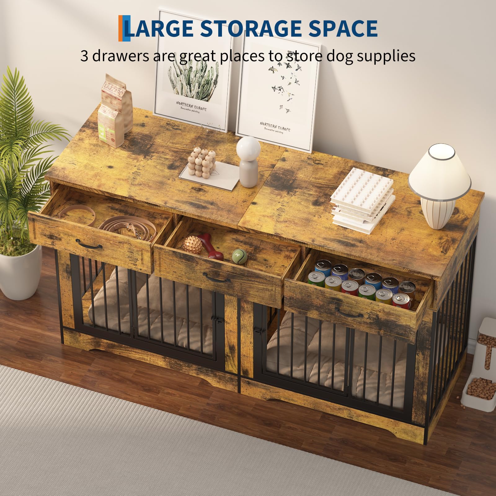 Dailypets 71-Inch Wooden Pet Console for Two Dogs with Built-In Storage