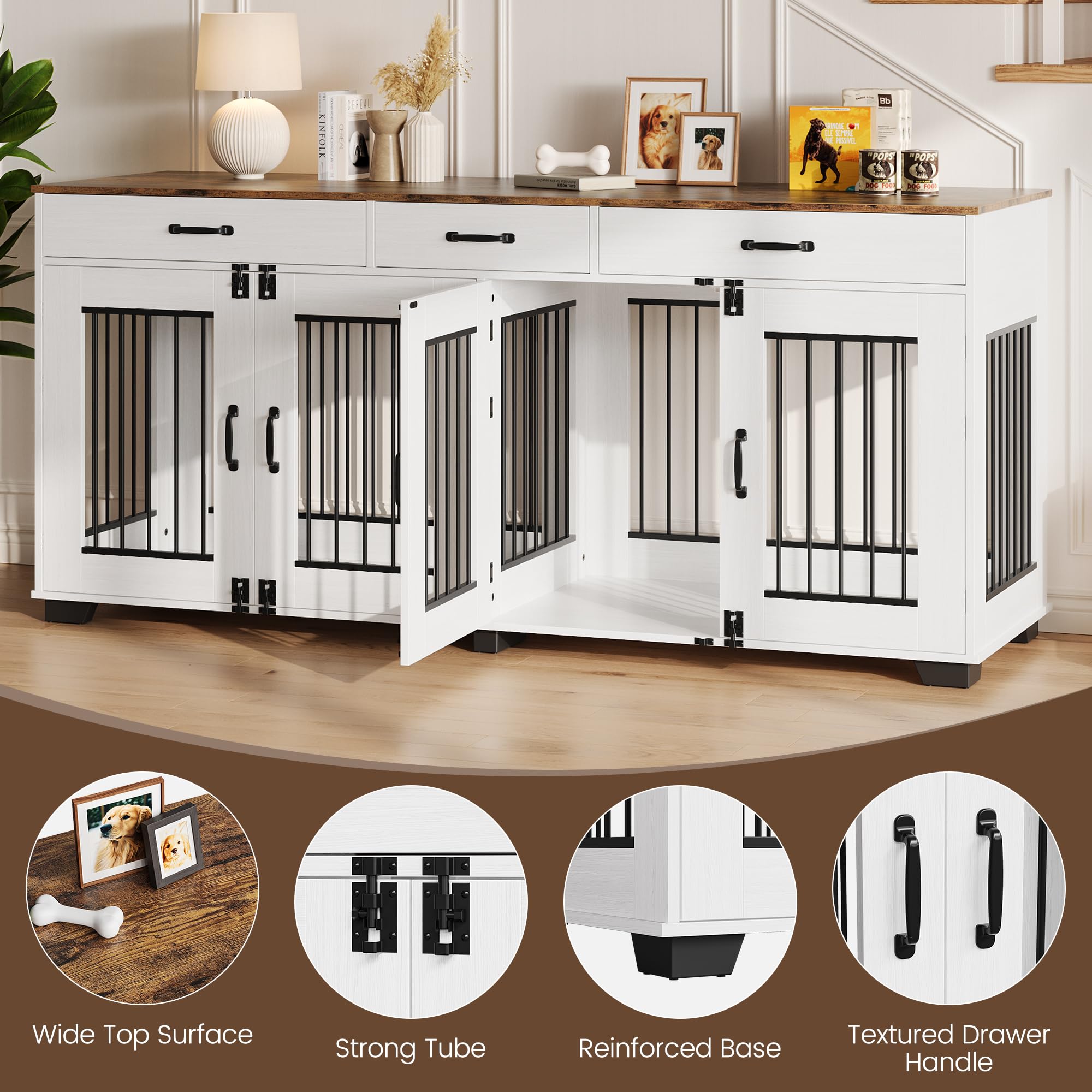Dailypets 71-Inch Dual Dog Retreat Cabinet with Triple Storage Drawers
