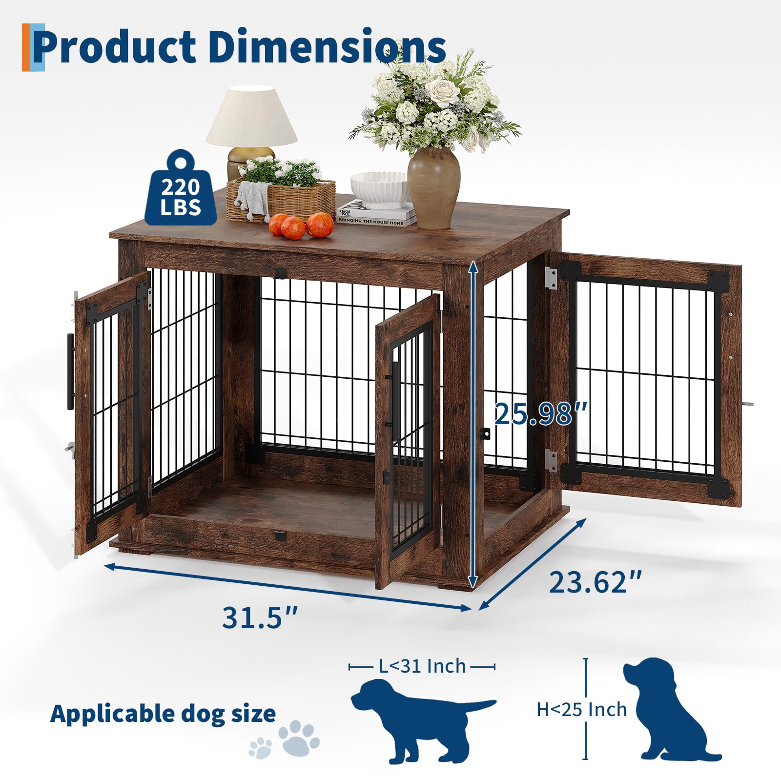 Dailypets 31-Inch Farmhouse Dog Crate End Table with Double Doors