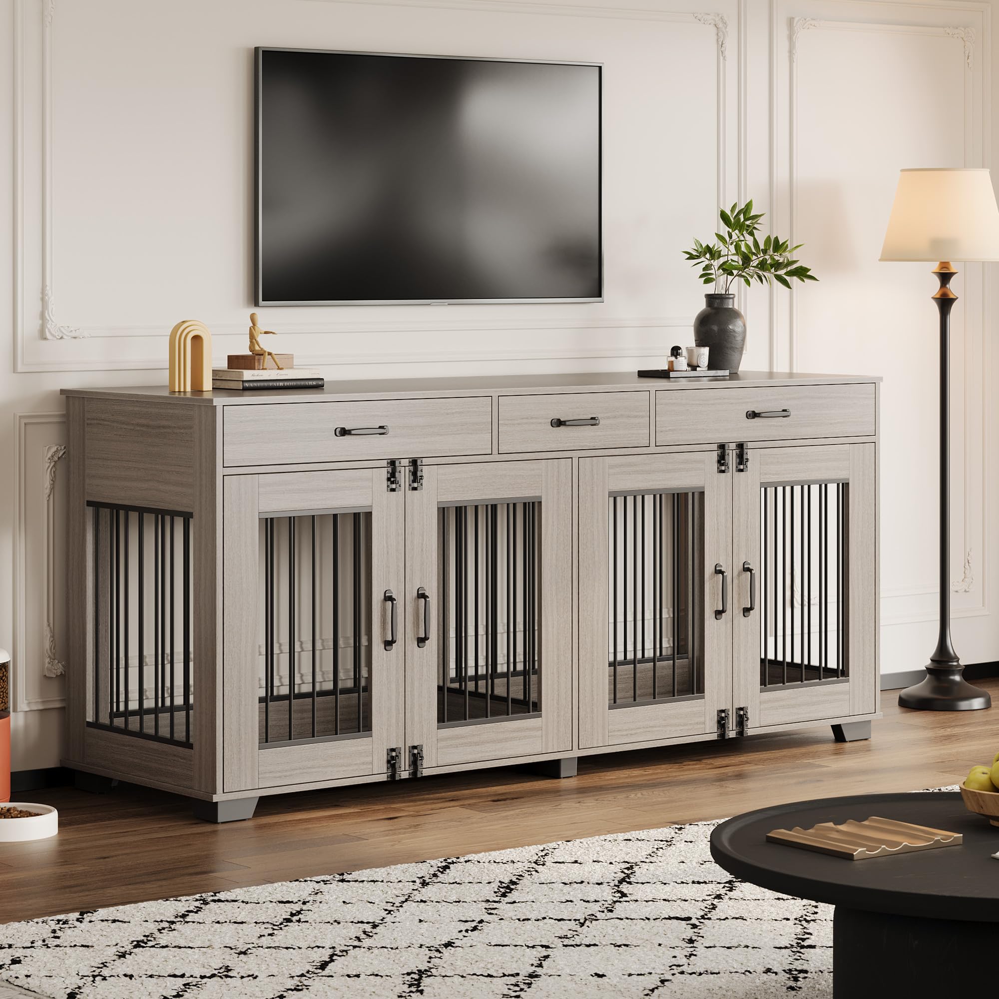 Dailypets 71-Inch Double Dog Crate Furniture with 3 Storage Drawers