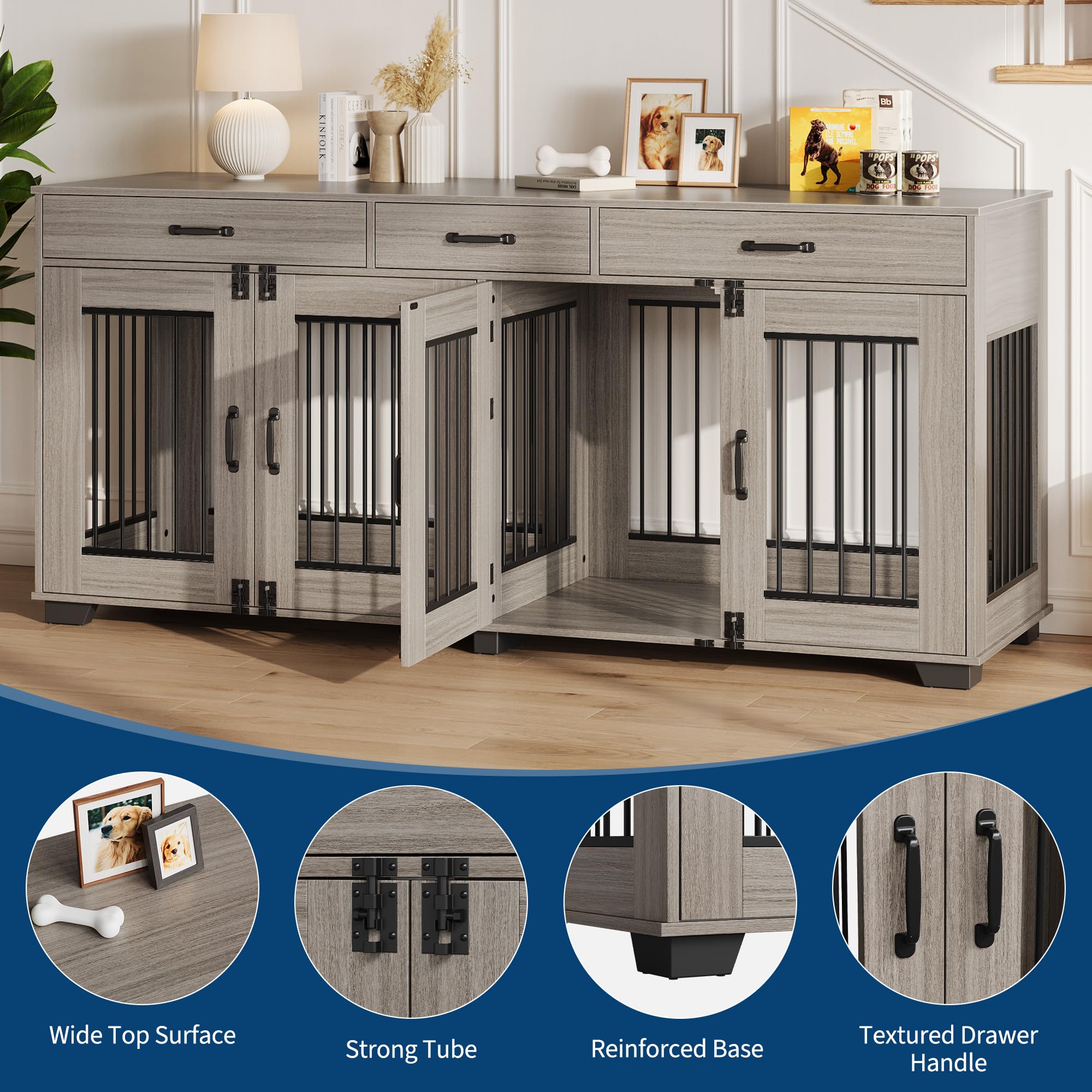 Dailypets 71-Inch Double Dog Crate Furniture with 3 Storage Drawers