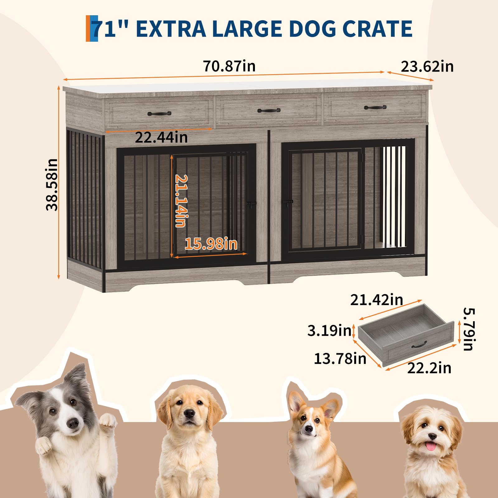 Dailypets Extra Large Dog Kennel Cabinet for 2 Dogs with Storage