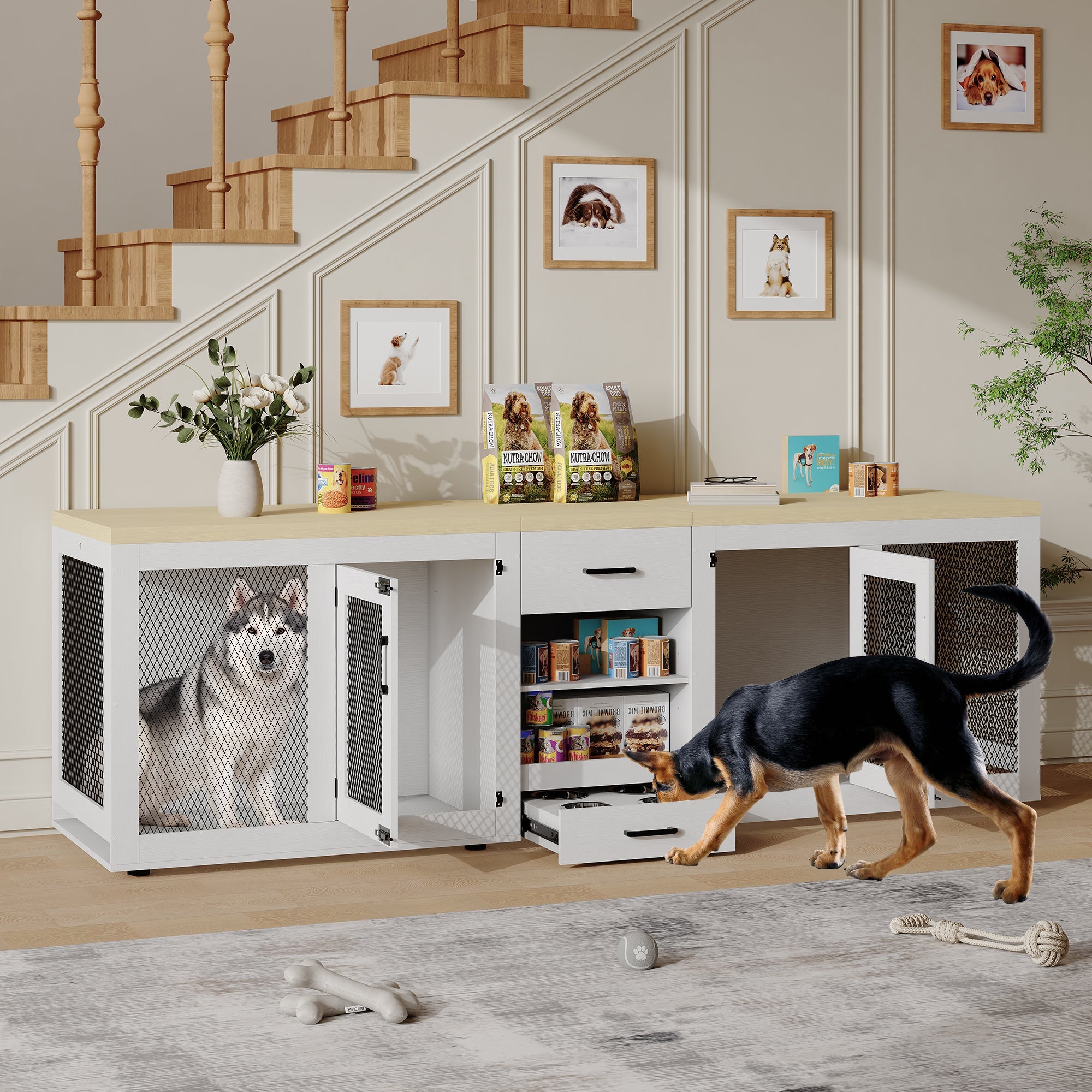 Dailypets 90-Inch Double Dog Crate Furniture with Feeding Station and Storage