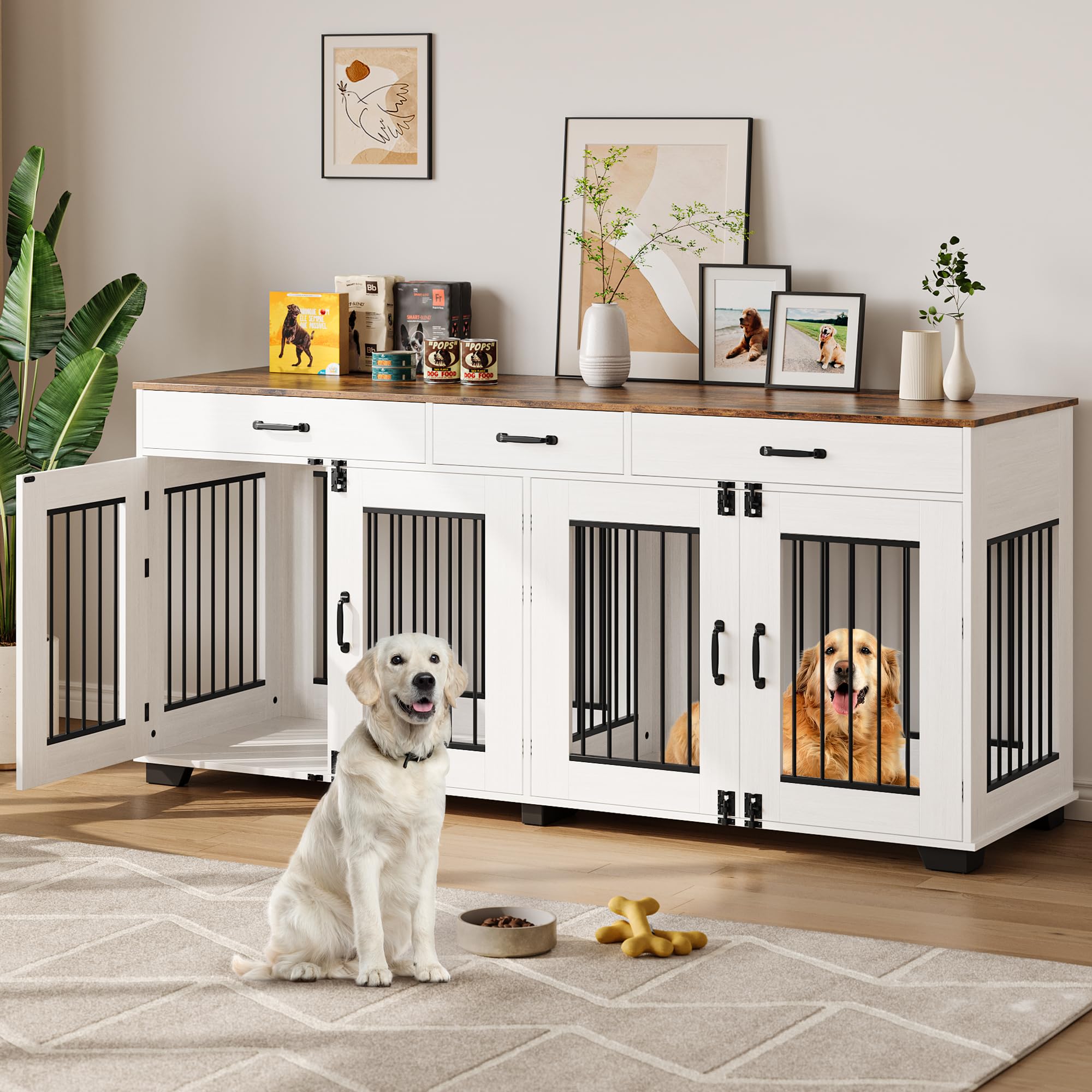 Dailypets 71-Inch Dual Dog Retreat Cabinet with Triple Storage Drawers