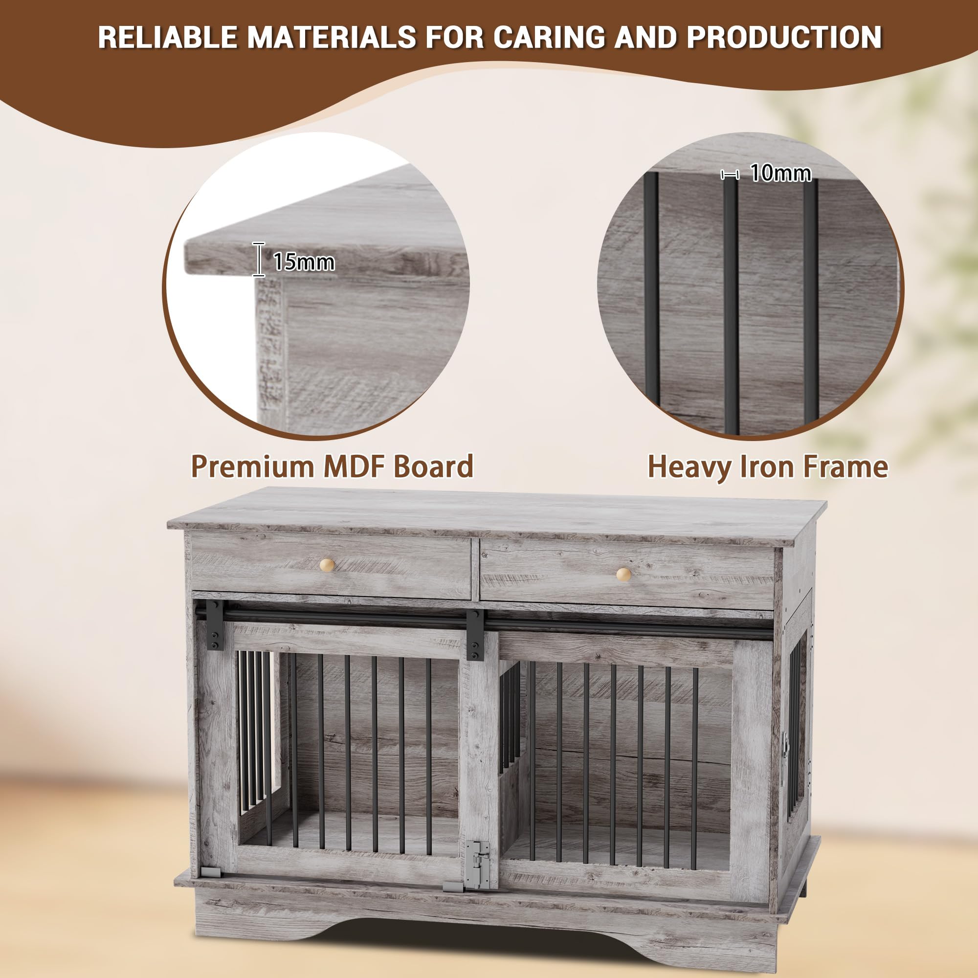 Dailypets 47-Inch Double Dog Crate Furniture with 2 Drawers and Removable Divider