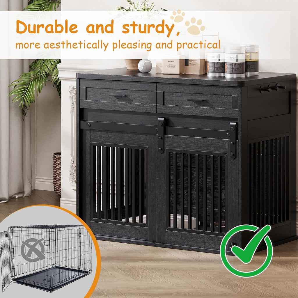 Dailypets Heavy Duty Dog Crate Furniture with Sliding Barn Door and Storage Drawers