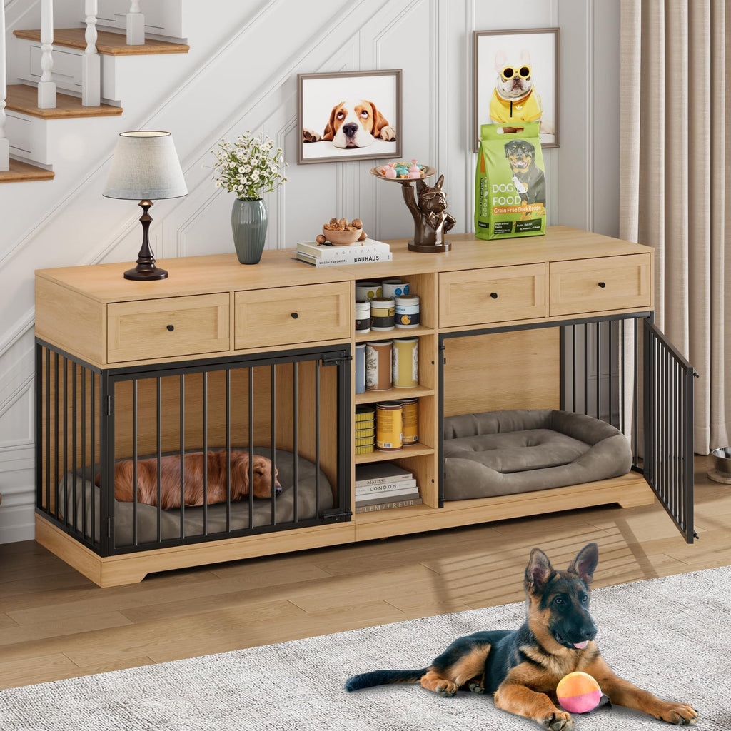 Dailypets 82-Inch Double Dog Crate Furniture TV Stand with 4 Drawers