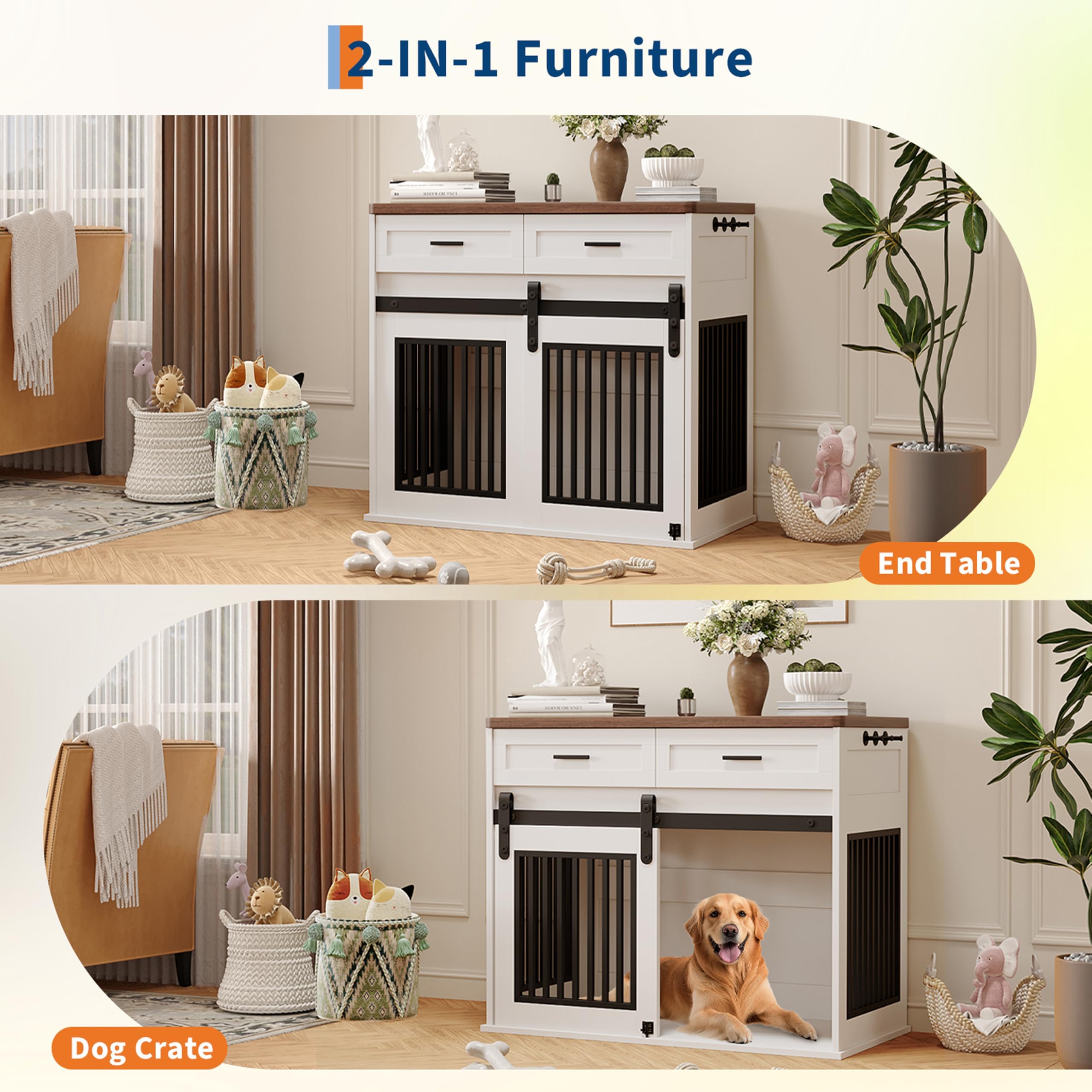 Dailypets Wooden Dog Crate End Table with Sliding Barn Door and Storage Drawers