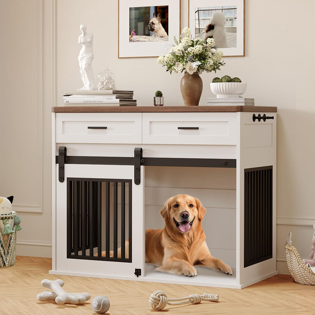 Dailypets Wooden Dog Crate End Table with Sliding Barn Door and Storage Drawers