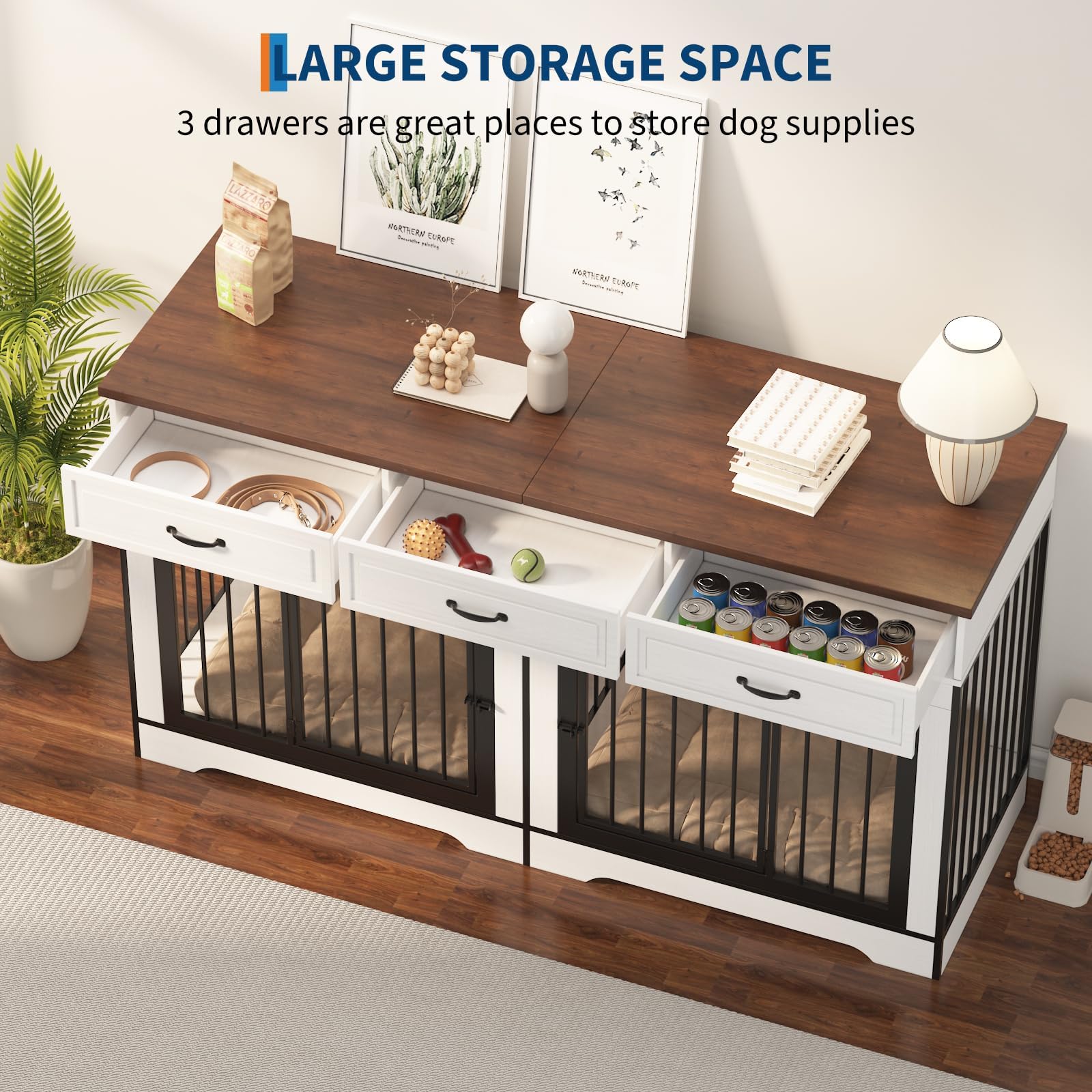 Dailypets Extra Large Dog Crate Furniture for 2 Dogs with TV Stand Top