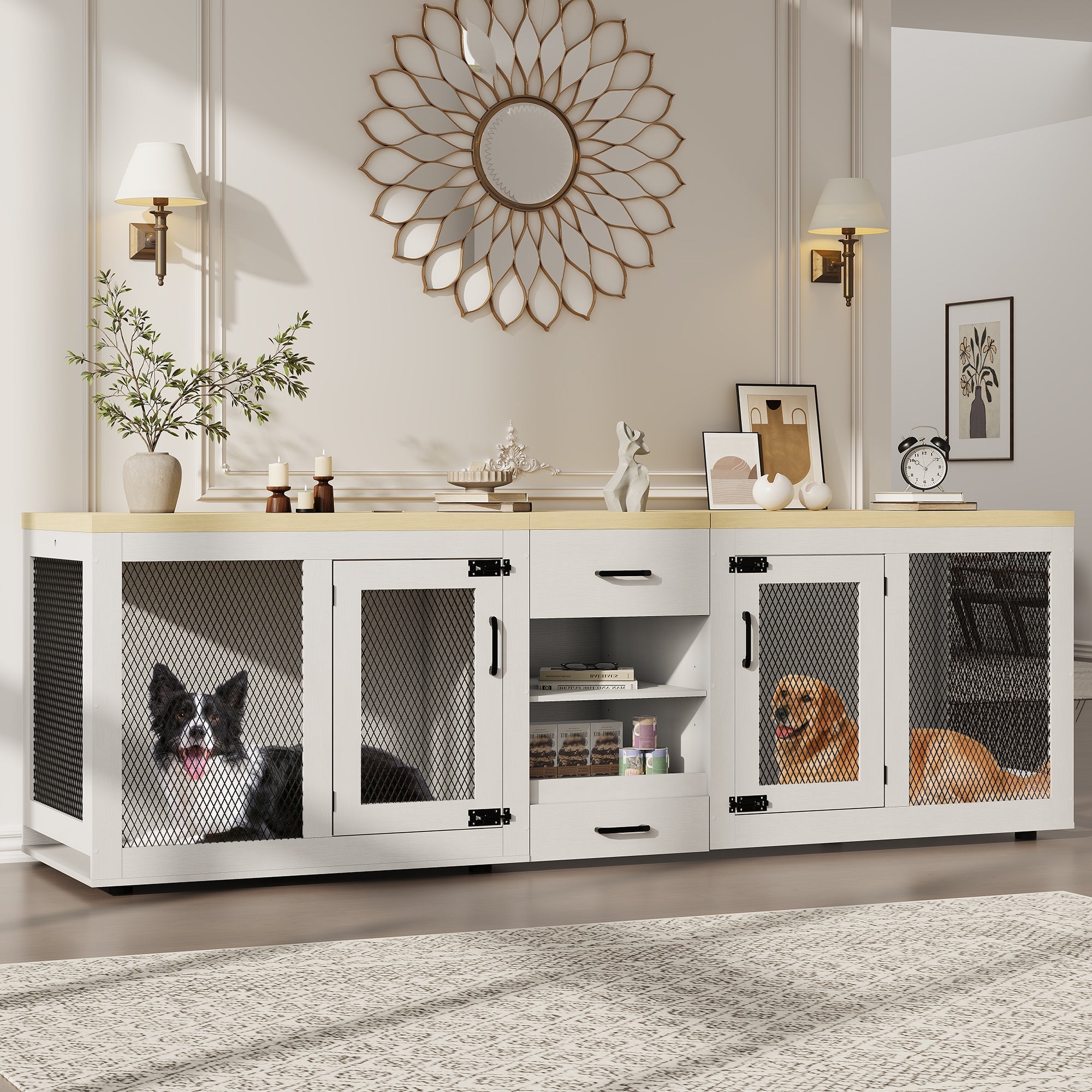 Dailypets 90-Inch Double Dog Crate Furniture with Feeding Station and Storage